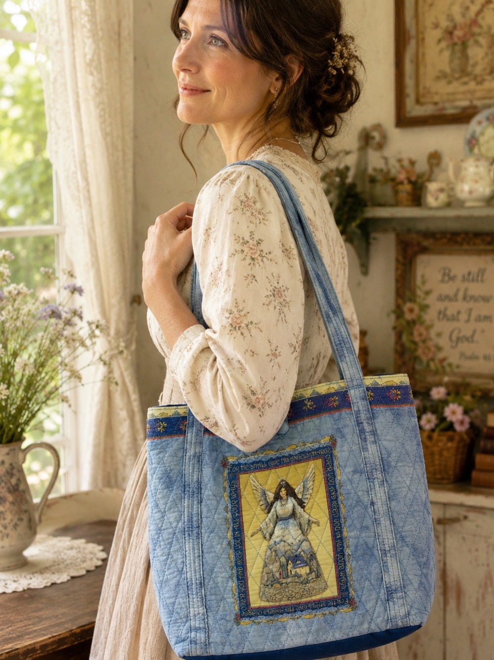 Heartwood Creek Jim Shore Angel Quilted Tote Bag Blue Christian Faith Purse